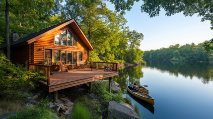 Obraz premium Charming lake house with a wooden deck