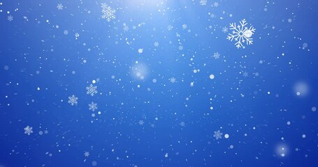 Christmas, particles and snowflakes on blue background space for digital card, creativity and festive season. Snow animation, bokeh spots and glitter on wallpaper for texture, sparkle and celebration - Powered by Adobe