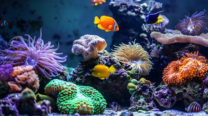 Colorful underwater scene showcasing vibrant coral reefs with fish swimming amongst intricate structures for creating vibrant marine life landscape concept.