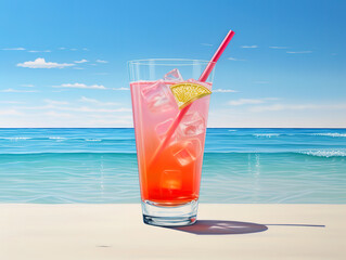 Refreshing strawberry cocktail on sand beach