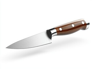 A chefs knife floating horizontally in the air on   903 knife, isolated, kitchen, sharp, blade, steel, tool, white, metal, object, handle, cut, utensil, black, butcher, meat, weapon, chef, stainless, 