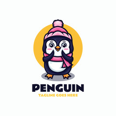 Vector Logo Illustration Penguin Mascot Cartoon Style.