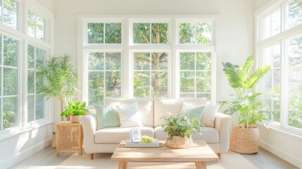 Sunlit Living Room with White Couch  Green Plants  and Large Windows