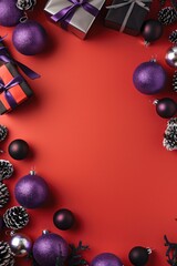 Modern Christmas with purple balls, silver gifts, and black decorations on a solid red background with empty copy space.
