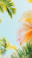 Obraz premium Palm Tree Leaves Against Blue Sky Tropical Summer Background