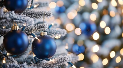 Fototapeta premium Midnight blue baubles on a frosty Christmas tree, with a backdrop of blurred white lights like distant stars.