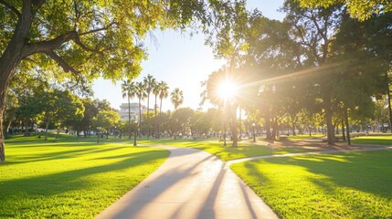 Obraz premium Sunny Pathway Through Green Park With Palm Trees