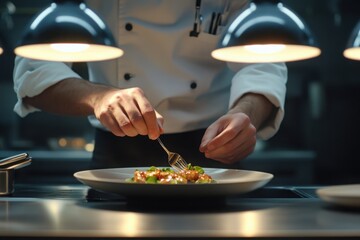 A chef preparing a gourmet meal in a modern kitchen, with copy space