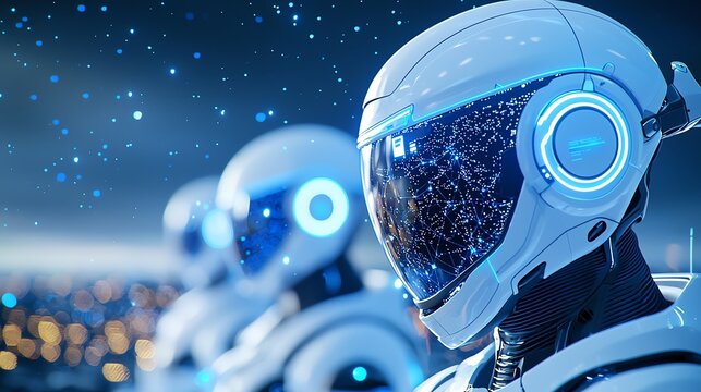 A group of futuristic robots with glowing helmets look out over a city.