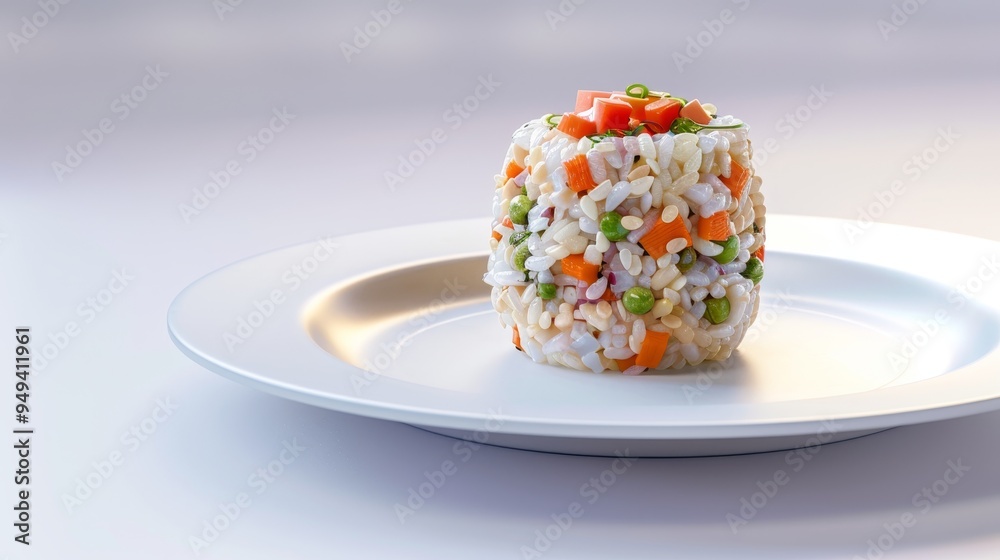 Wall mural A Single Serving of White Rice with Mixed Vegetables on a White Plate