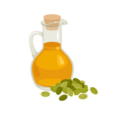 Pumpkin seed oil in glass bottle. Vector cartoon flat illustration.