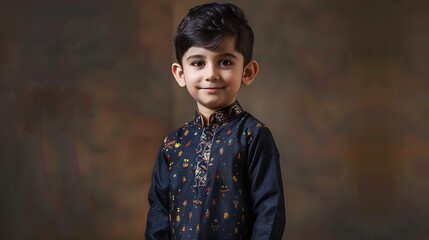 Young boy in a dark navy kurta shalwar with fun patterns standing against a dimly lit backdrop the warm colors and subtle lighting emphasizing the playful and unique nature of the outfit