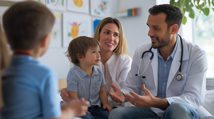 Obraz premium Doctor engaging with young family at playful pediatric Office