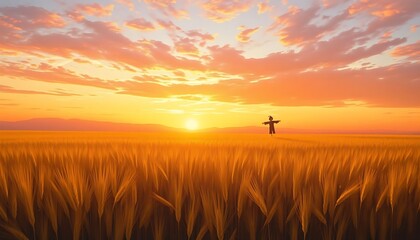 Obraz premium Golden Sunset Over Wheat Field With Scarecrow