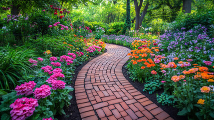 Serene English Garden with Flower Beds and Brick Pathway