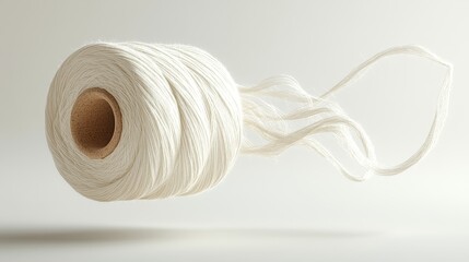 A floating spool of thread with a small length unr  531 string, ball, thread, isolated, rope, white, twine, wool, yarn, knitting, cord, roll, clew, cotton, spool, textile, craft, natural, brown, fiber