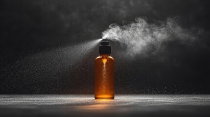 A floating spray bottle with mist coming out again  526 bottle, medicine, glass, isolated, brown, medical, white, pharmacy, liquid, health, container, chemistry, healthcare, chemical, vial, object, sy