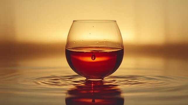 A floating wine glass with a drop of red wine insi  491 glass, alcohol, drink, cognac, wine, brandy, beverage, whiskey, wineglass, liquid, red, white, isolated, liquor, object, bar, brown, party, tran