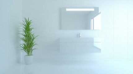 Modern Bathroom Interior with White Tiles  Sink and Plant