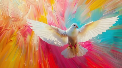 A watercolor painting of a dove flying in a colorful, abstract background