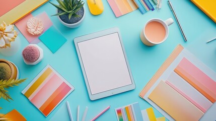 Creative Workspace Flat Lay with Blank Mug, Color Swatches, and Tablet Displaying Design Concept