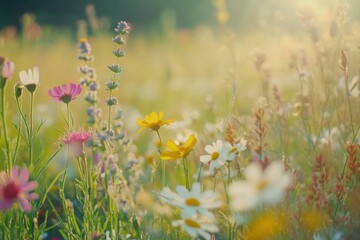 A field of wildflowers swaying in the breeze, with copy space