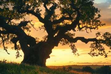 A gnarled ancient oak tree silhouetted against a vib, with copy space