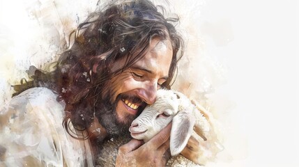 Jesus Christ embracing a lamb in a soft watercolor illustration