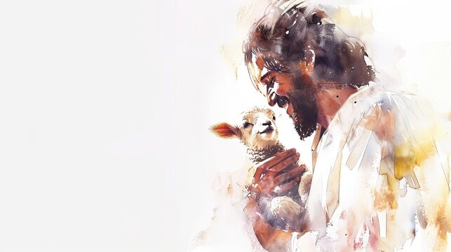 A watercolor painting of Jesus Christ gently holding a lamb