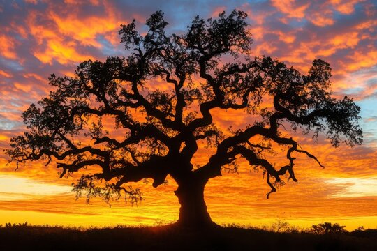 A gnarled ancient oak tree silhouetted against a vib, with copy space