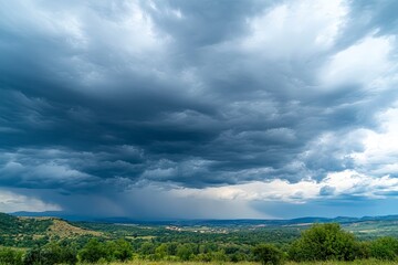 Beautiful dark dramatic sky with stormy clouds before rain or snow. Thunderstorm heaven landscape. Generative Ai
