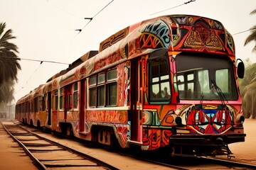 Obraz premium tribal art tram with intricate tribal patterns and masks represe