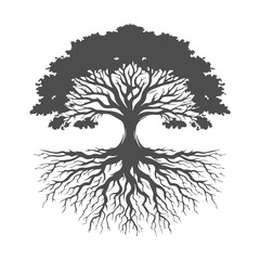 Bonsai black tree silhouette, isolated on white background.  Forest tree with leaves vector logo.