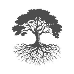 Bonsai black tree silhouette, isolated on white background.  Forest tree with leaves vector logo.