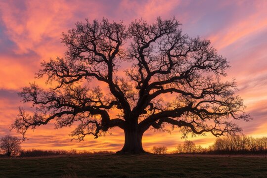 A gnarled ancient oak tree silhouetted against a vib, with copy space - Powered by Adobe