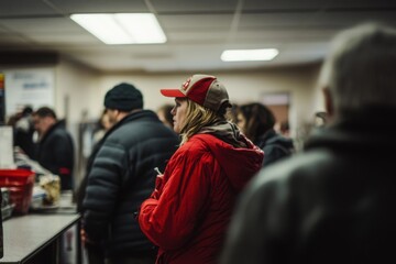 A group of people waiting in line at a food bank doc, with copy space