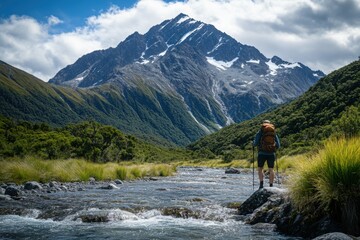 Obraz premium A hiker crossing a river with a mountain backdrop, with copy space