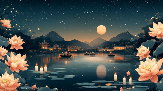 Bon Om Touk style wallpaper deep blue background w  309 night, moon, sky, stars, star, landscape, nature, tree, dark, silhouette, vector, illustration, space, light, city, sea, moonlight, water, blue,