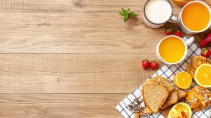 Fresh Breakfast Table Setting with Orange Juice  Milk  Bread  and Fruit