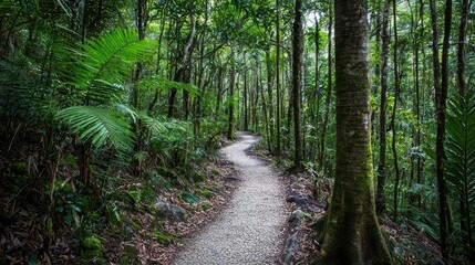Obraz premium Green Rainforest Path. A narrow path winding through a dense green rainforest.