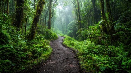 Obraz premium Green Rainforest Path. A narrow path winding through a dense green rainforest.