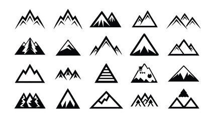 Set of eleven mountain icons, in various shapes, black silhouette, isolated on white background.