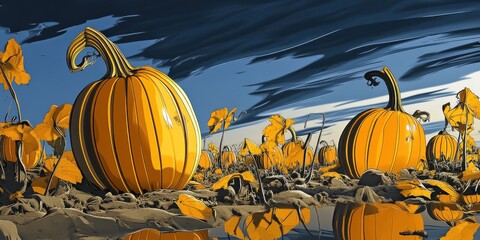 A haunted pumpkin patch at twilight 