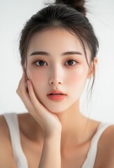 Obraz premium Young and beautiful model present skin care and beauty cosmetic product
