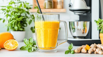 Fototapeta premium Fresh Homemade Orange Ginger and Turmeric Smoothie in Glass Pitcher