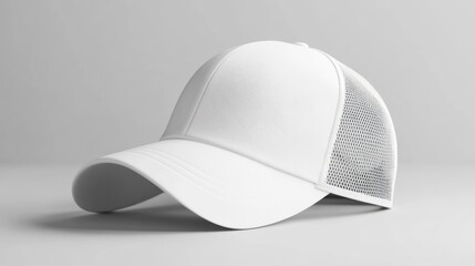Blank white baseball and trucker hat mockup, half-turned view