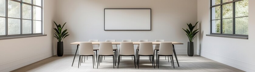 Spacious conference room with minimalist decor, large windows, and a central meeting table, ideal for fostering creativity in a modern workspace