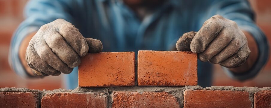 A laborer adjusting a brick in a partially built wall, capturing the precision and patience required in bricklaying