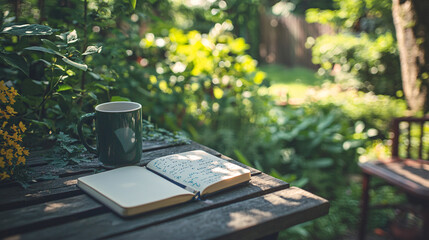 Work in a quiet backyard garden, with a notebook and a coffee mug, the ambiance enriched by peaceful lo-fi music and a calm atmosphere 