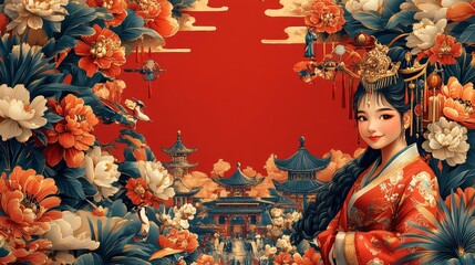 Heritage Day style wallpaper deep red background w  215 woman, christmas, fashion, beauty, art, temple, dress, illustration, flower, people, hair, tree, red, child, fairy 